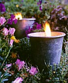 Lit candles in flowerbed at twilight
