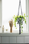 Wooden model of hand next to macrame plant holder in front of window
