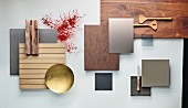 A selection of concrete, wood, brass and glass kitchen cabinet panels