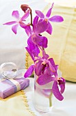 Orchids in glass of water next to wrapped gift
