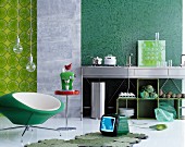 Open-plan kitchen in various shades of green
