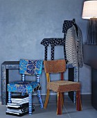 Chairs with hand-sewn covers made from various fabrics