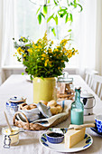 Breakfast table set with blue-patterned crockery