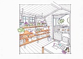 Illustration: a table construction for plants and garden tools in a garden shed