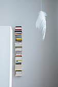 Delicate feathered lamp next to vertical bookshelf