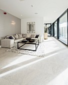 Spacious lounge in shades of grey and glass wall
