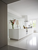Island counter on white floor in minimalist kitchen