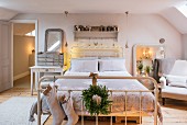 Christmas decorations in romantically lit bedroom
