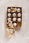 Vintage Christmas-tree baubles in old carboard box