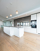 Open-plan kitchen with island counter under open ceiling and wooden floor