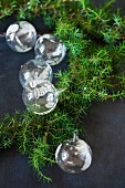 Glass Christmas-tree baubles and green conifer branches