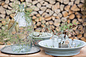 Sprigs of juniper and cones arranged around a demijohn and larch sprigs in small bottles