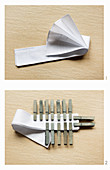 Vorbereitung: Altes Taschentuch mit Shibori-Technik färben, hier: Stoff in Zickzackmuster falten, mit Wäscheklammern besetzen