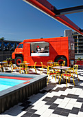 Pool and food truck on roof terrace