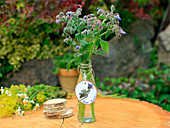 Borage in glass bottle with tag made from wooden disc
