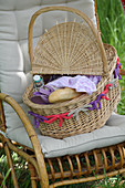 Picnic basket with border of crocheted bows