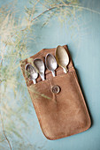 Old silver spoons in leather case
