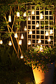 Arrangement of lanterns made from wire and tealights in garden