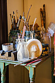 Work table in artist's studio