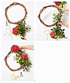 Decorate the wreath with protea and branches of leaves
