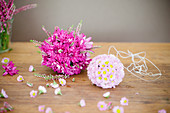 Flower balls made from chrysanthemums and heather