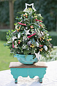Festive arrangement in shape of Christmas tree in colander