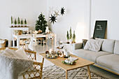 Lounge and dining areas in festively decorated interior