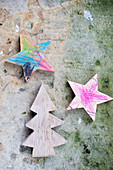 Wooden stars and Christmas tree coloured in by children