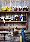 Jars of dandelion syrup on wooden shelves