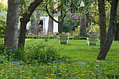Loungers in garden with white country house in background