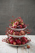 Pomegranates and rose hips arranged on cake stand