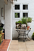 Plants in stone pots on table with curved metal frame
