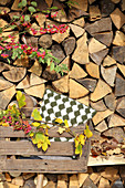 Cushion with hand-knitted cover in crate in front of stacked firewood