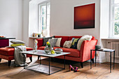 Red and white colour scheme in living room