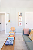 Bright living room in retro Scandinavian style