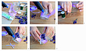 Decorating a candle lantern with lavender flowers and purple ribbon