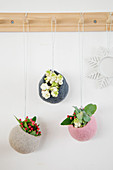 Sprigs of berries in round felt cocoons hung from peg board