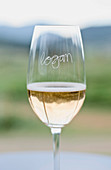 Champagne glass engraved with name against blurred background