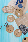 Hand-crafted round tags with summer and garden motifs