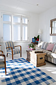 Rustic living room in blue and white