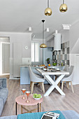 Multifunctional interior in pale grey and pale blue