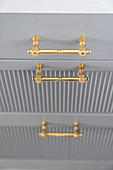 Pale grey drawer fronts with gilt handles in kitchen