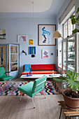 Colourful retro furniture in living room of period building