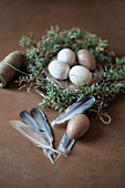 Speckled eggs on pewter plate in Easter nest with feathers in foreground