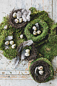 Wreaths of moss and Easter nests with quail's eggs