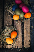 Mit Biofarben gefärbte Ostereier im Nest