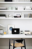 Black and white organisers and ornaments on shelves and desk