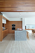 Open kitchen with wooden cladding and kitchen island in architect's house