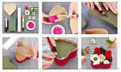Instructions for making a flower arrangement in heart-shaped cardboard box