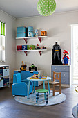 Action figures of comic characters in child's bedroom in white, pale blue and green